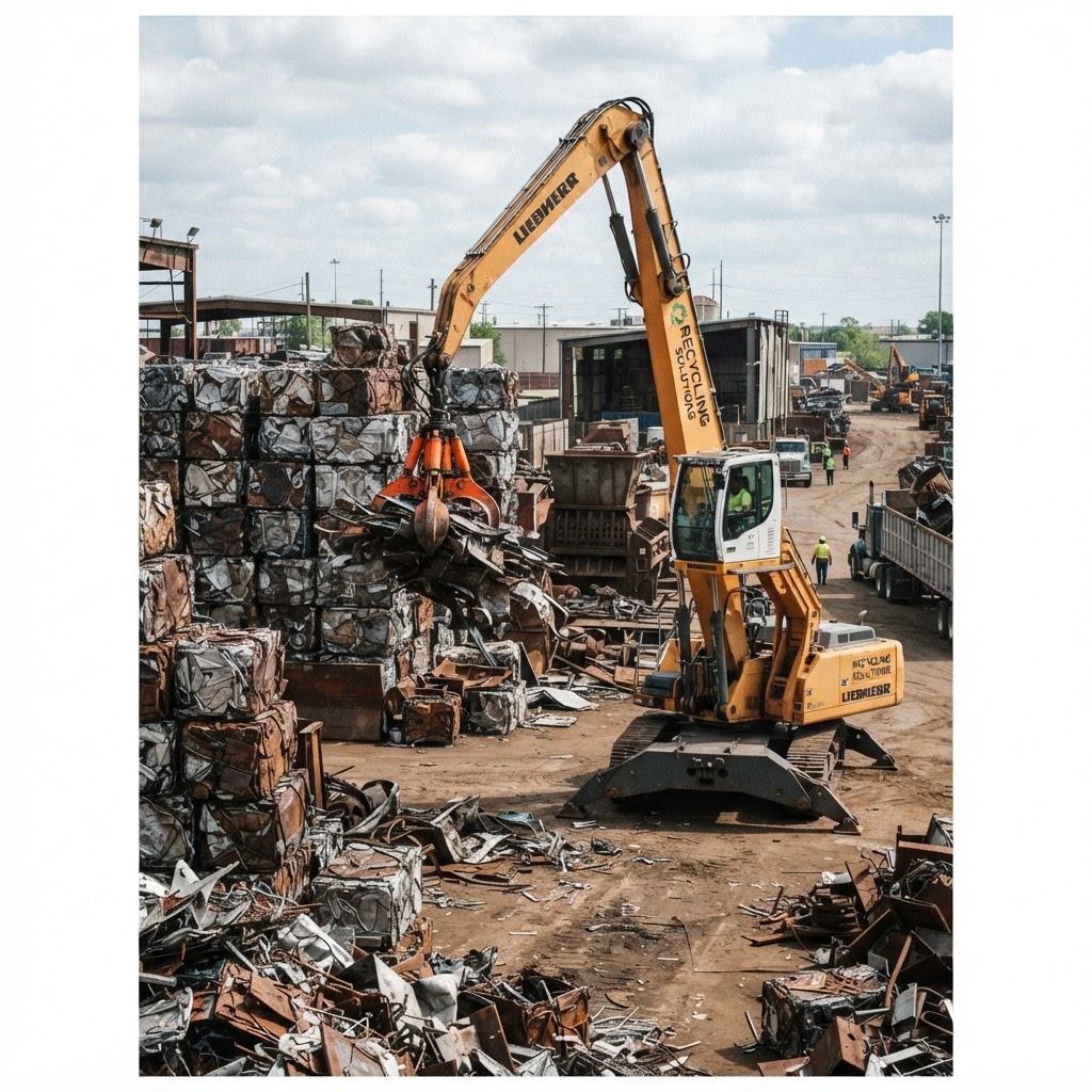 Crane lifting steel at a scrap yard